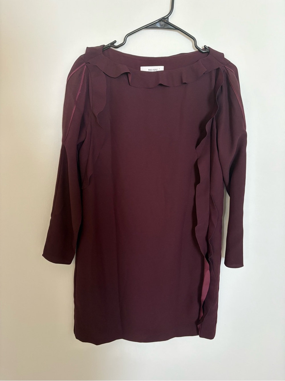 Reiss Burgundy Long-Sleeve Ruffle Shift Dress